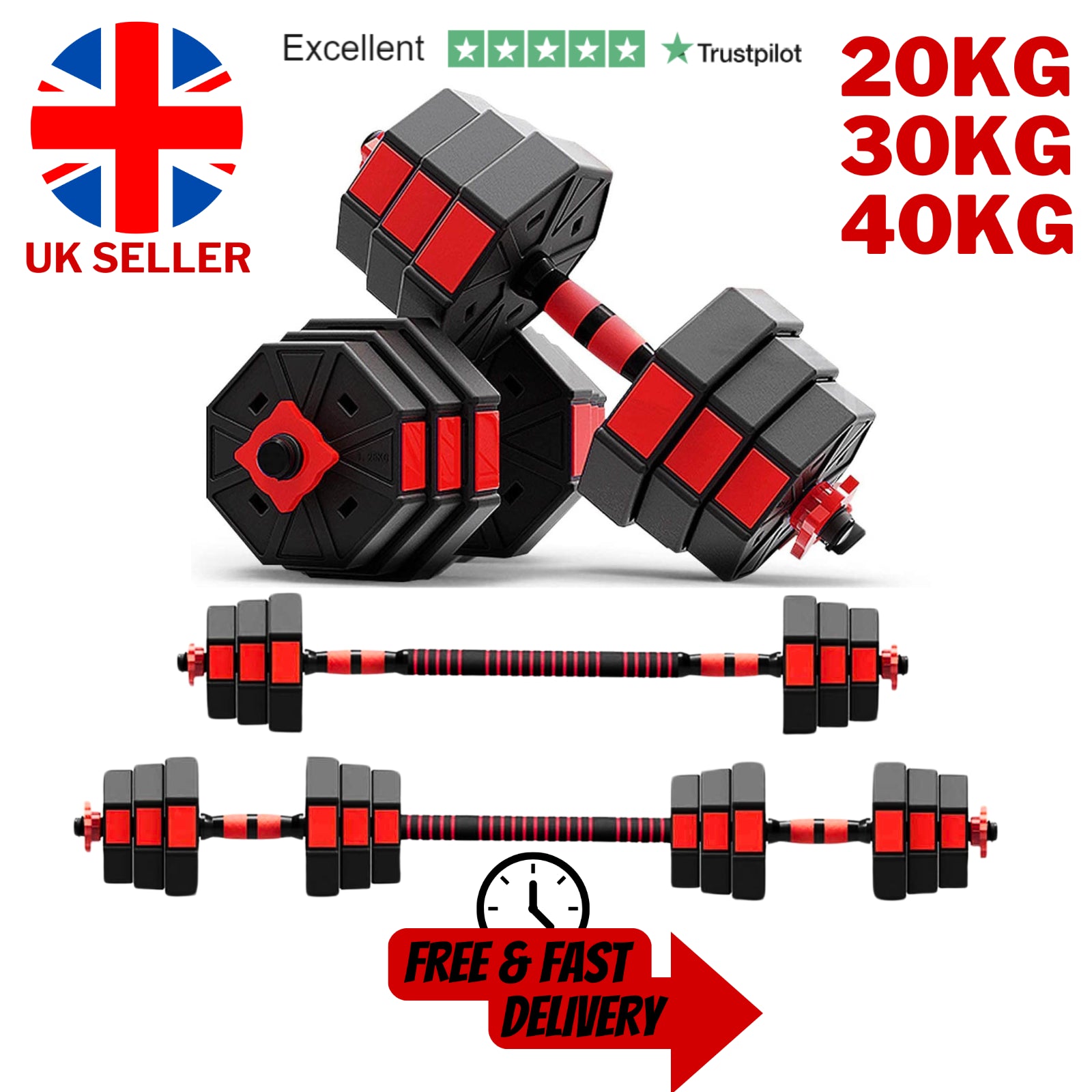 Exersci Premium 20Kg-40Kg Hex Adjustable Dumbbell Barbell Set Kettlebell Option