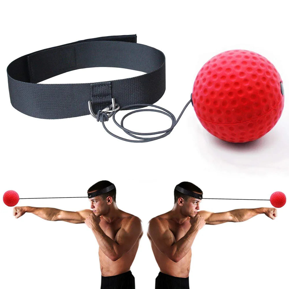 Athlete using a Vitality Hub pro reflex boxing ball with a black headband to practice speed and coordination.