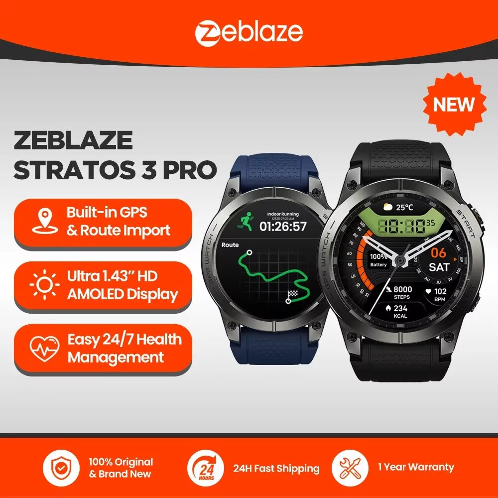 New  Stratos 3 PRO GPS Smart Watch 1.43” HD AMOLED Display Built-In GPS Bluetooth Phone Calls Sports Smartwatch for Men